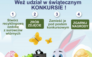 plakat promujący konkurs Rodzinna Wielkanocna Eko-Ozdoba. Na plakacie królik trzymający w łapkach koszyk z gadżetami PGK, napisy Weź udział w konkursie świątecznym, 1. Stwórz recyclingową ozdobę z surowców wtónych, 2. Zró zdjęcie, 3. Zamieść je pod postem i zgarnij nagrody. W górnym lewym rogu logotypu Słupska, Gminy Kobylnica, Gminy Słupsk i PGK